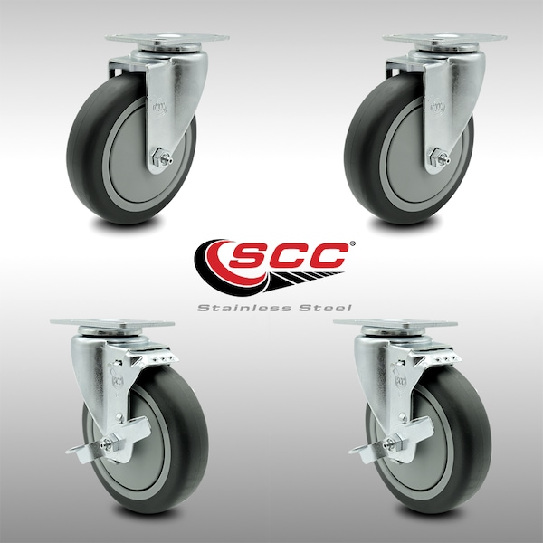 5 Inch SS Thermoplastic Rubber Wheel Swivel Top Plate Caster Set with 2 Brakes